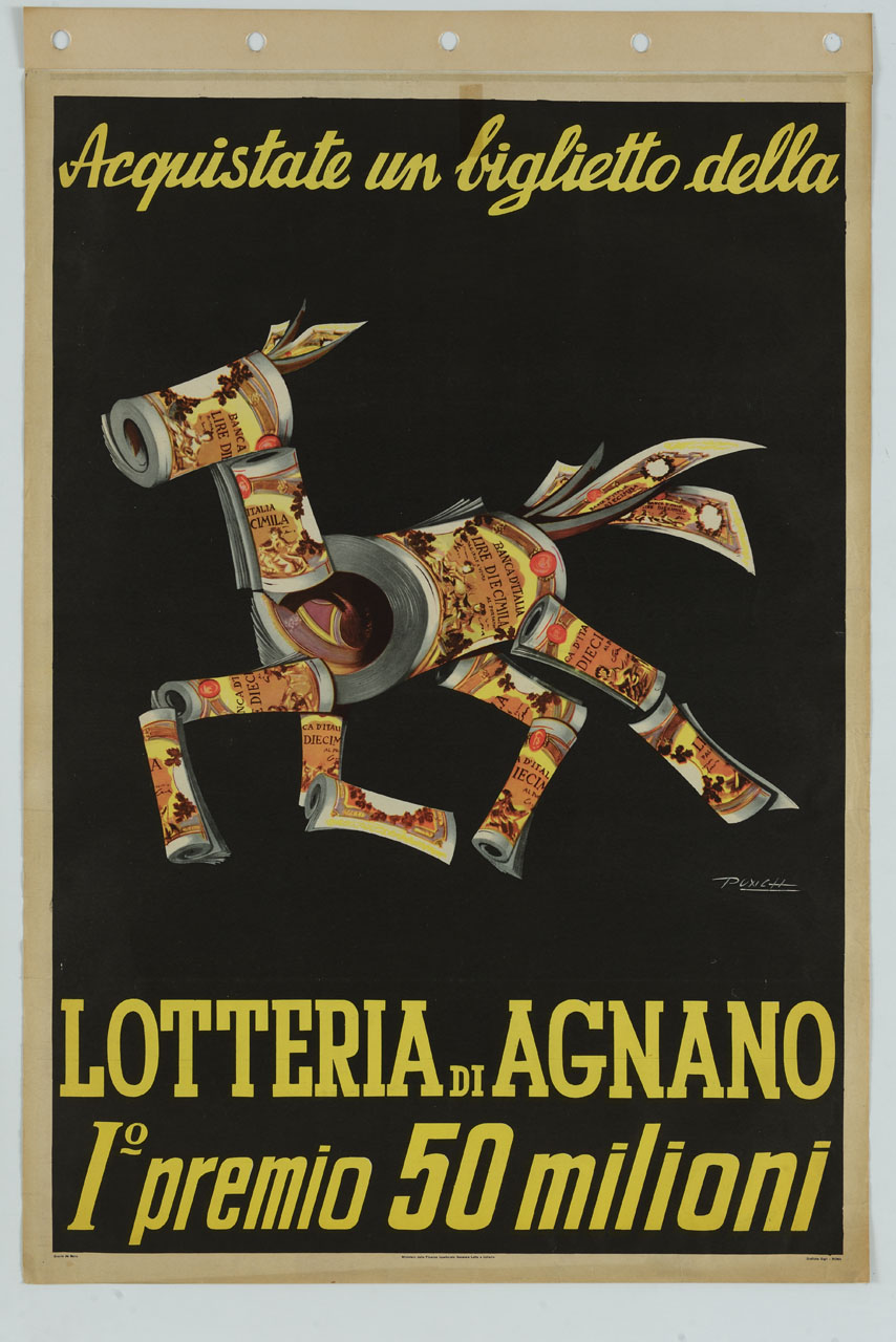 cavallo al trotto formato da rotoli di banconote (manifesto) di Punch - ambito italiano (metà sec. XX)