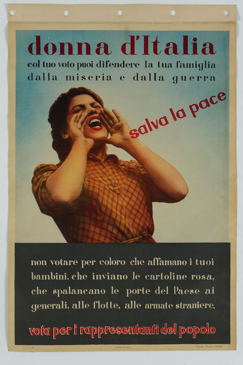 donna che grida portando le mani alla bocca (manifesto) - ambito italiano (sec. XX)