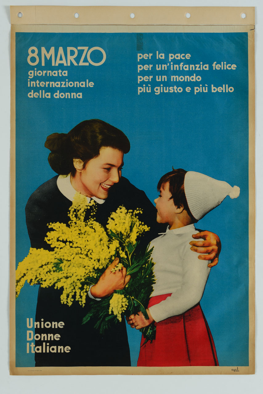 donna con bambina e mazzo di mimose (manifesto) - ambito italiano (sec. XX)