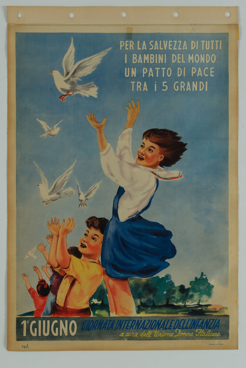 bambini con colombe bianche in un paesaggio (manifesto) - ambito italiano (sec. XX)