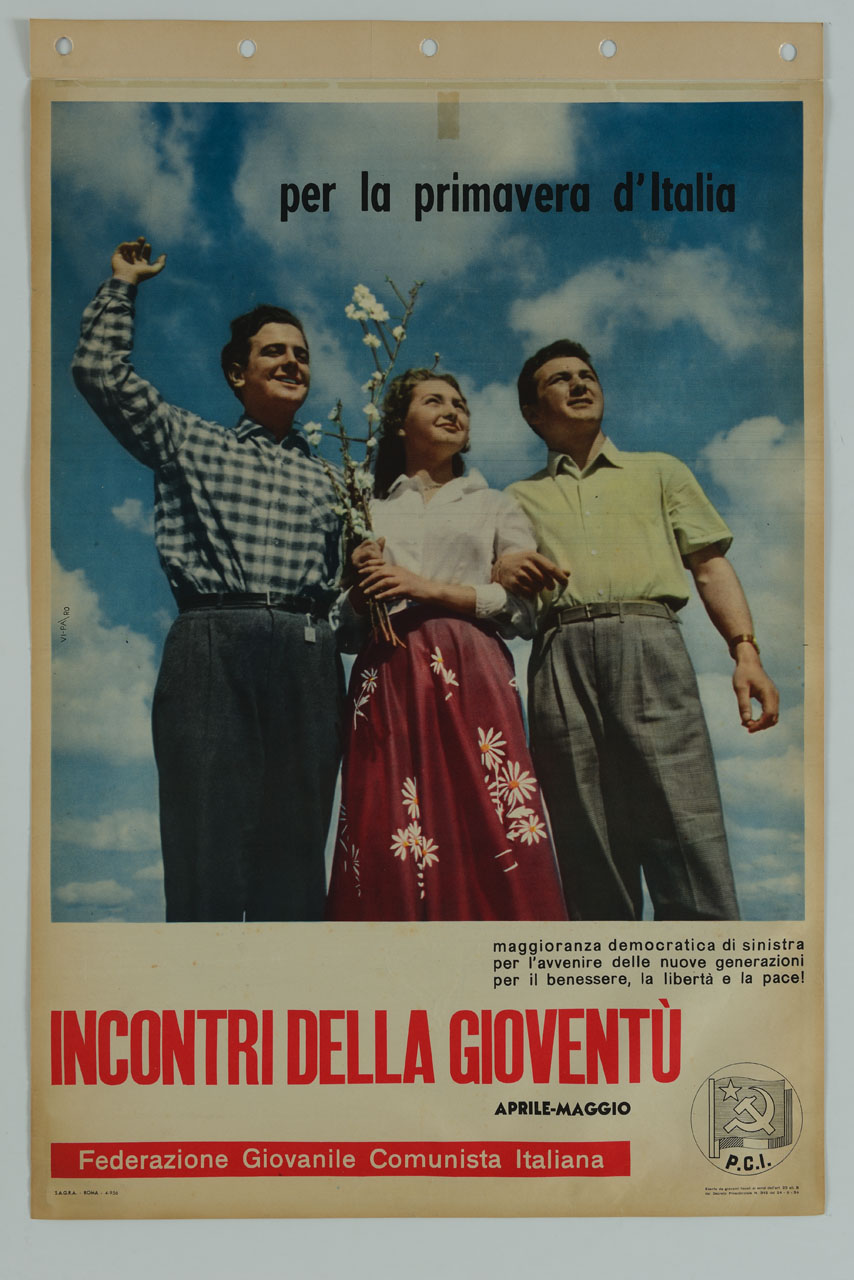 due giovani e una ragazza con ramo fiorito (manifesto) - ambito italiano (sec. XX)