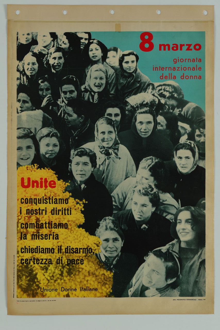gruppo di donne e mazzo di mimose (manifesto) - ambito italiano (sec. XX)