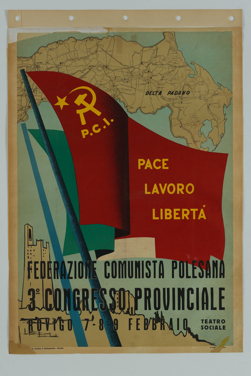 bandiera del Partito Comunista Italiano sovrapposta a tricolore e veduta di Rovigo sul fondo (manifesto) - ambito italiano (sec. XX)
