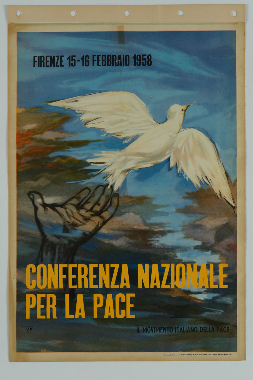 mano aperta da cui vola una colomba bianca (manifesto) di Studio Visigalli Pasetti (sec. XX)