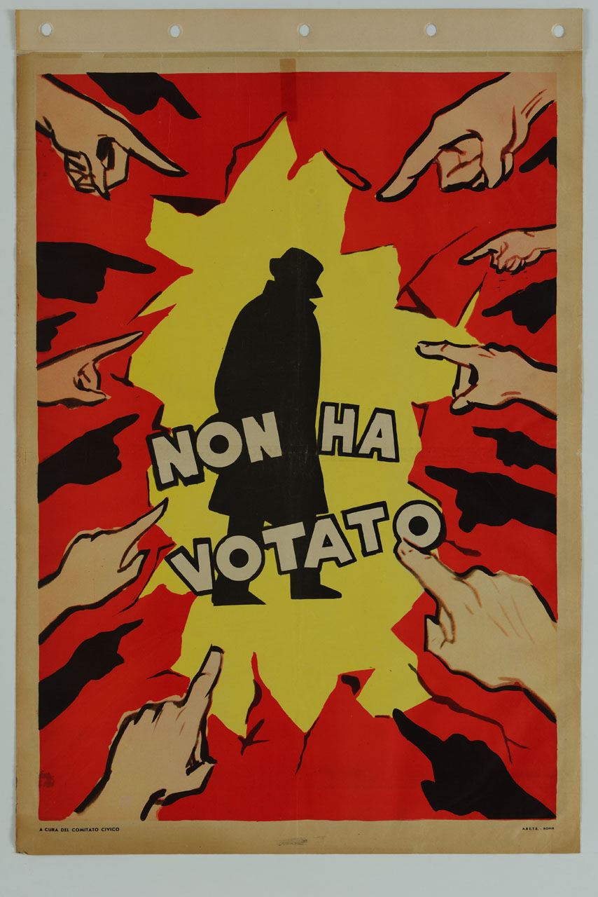 mani additano la silhouette di un uomo con cappello (manifesto) - ambito italiano (sec. XX)