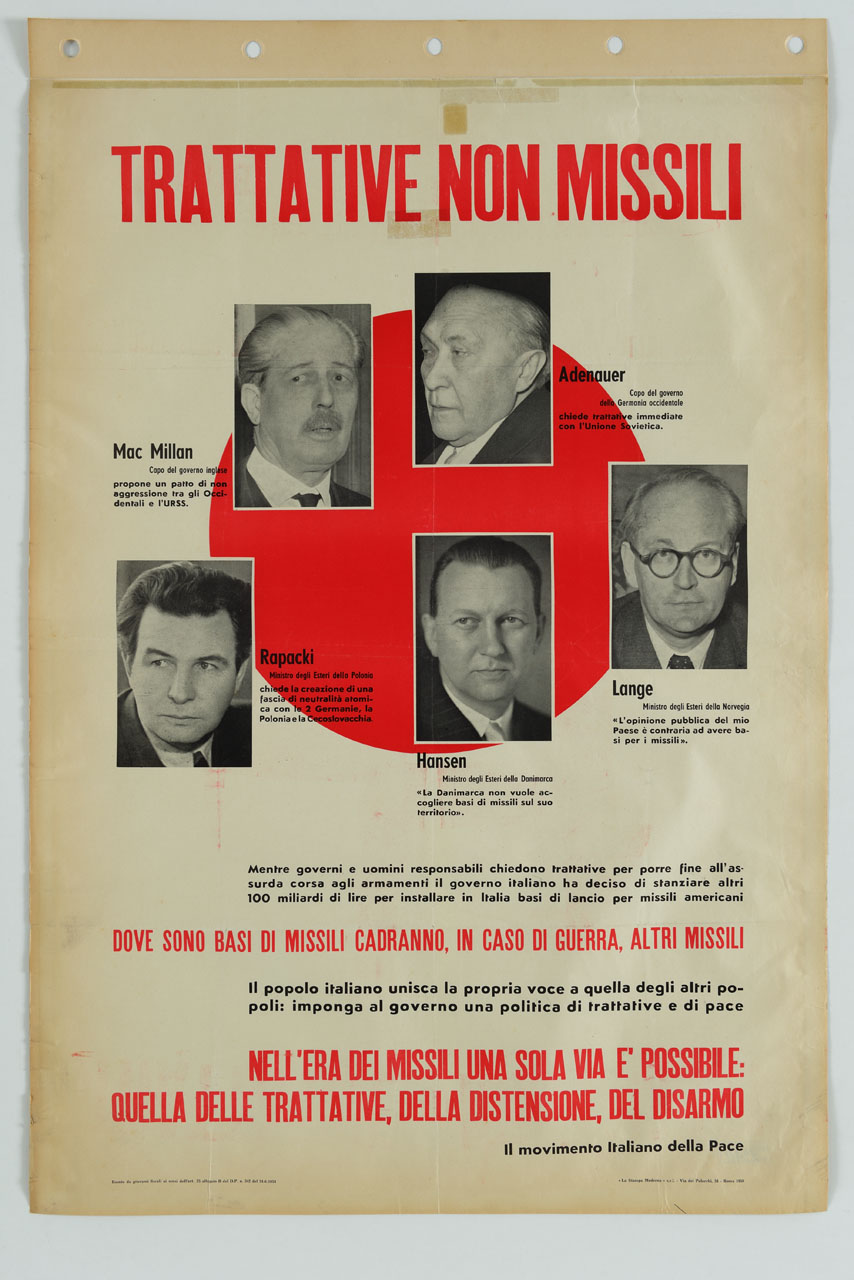 fotografie di Mac Millan, Adenauer, Rapacki, Hansen e Lange sullo sfondo di un cerchio rosso (manifesto) - ambito italiano (sec. XX)