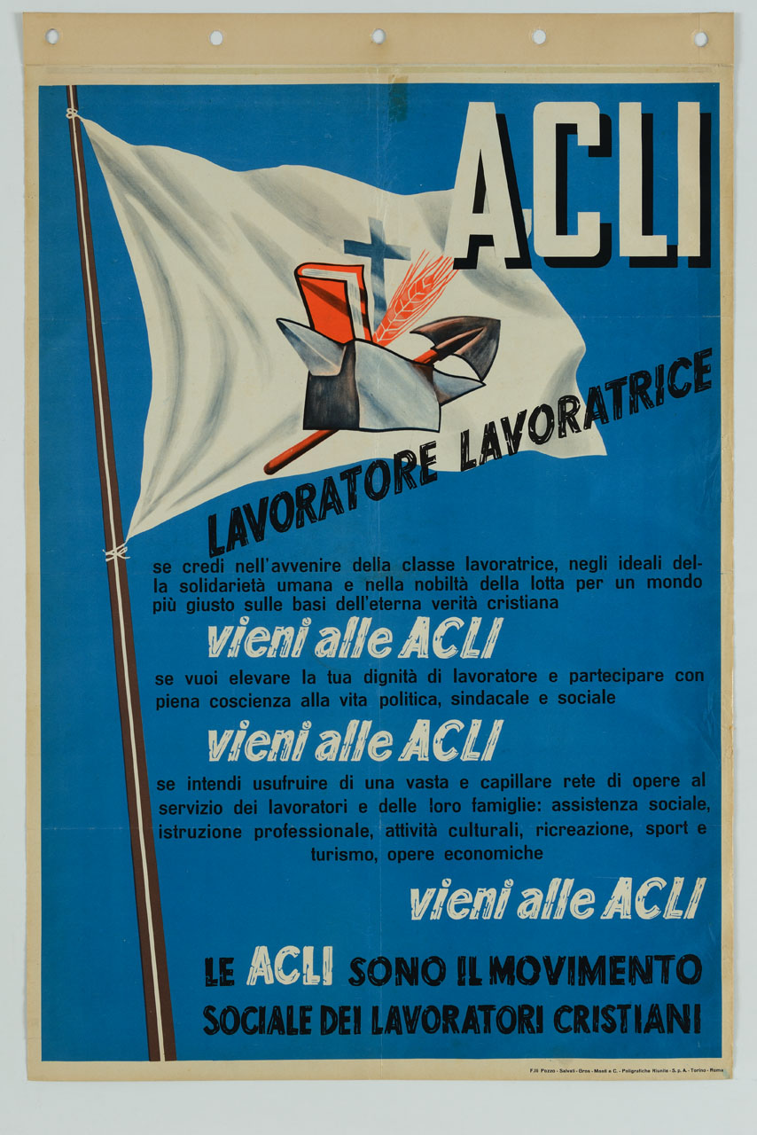 bandiera bianca con simboli delle ACLI (manifesto) - ambito italiano (sec. XX)