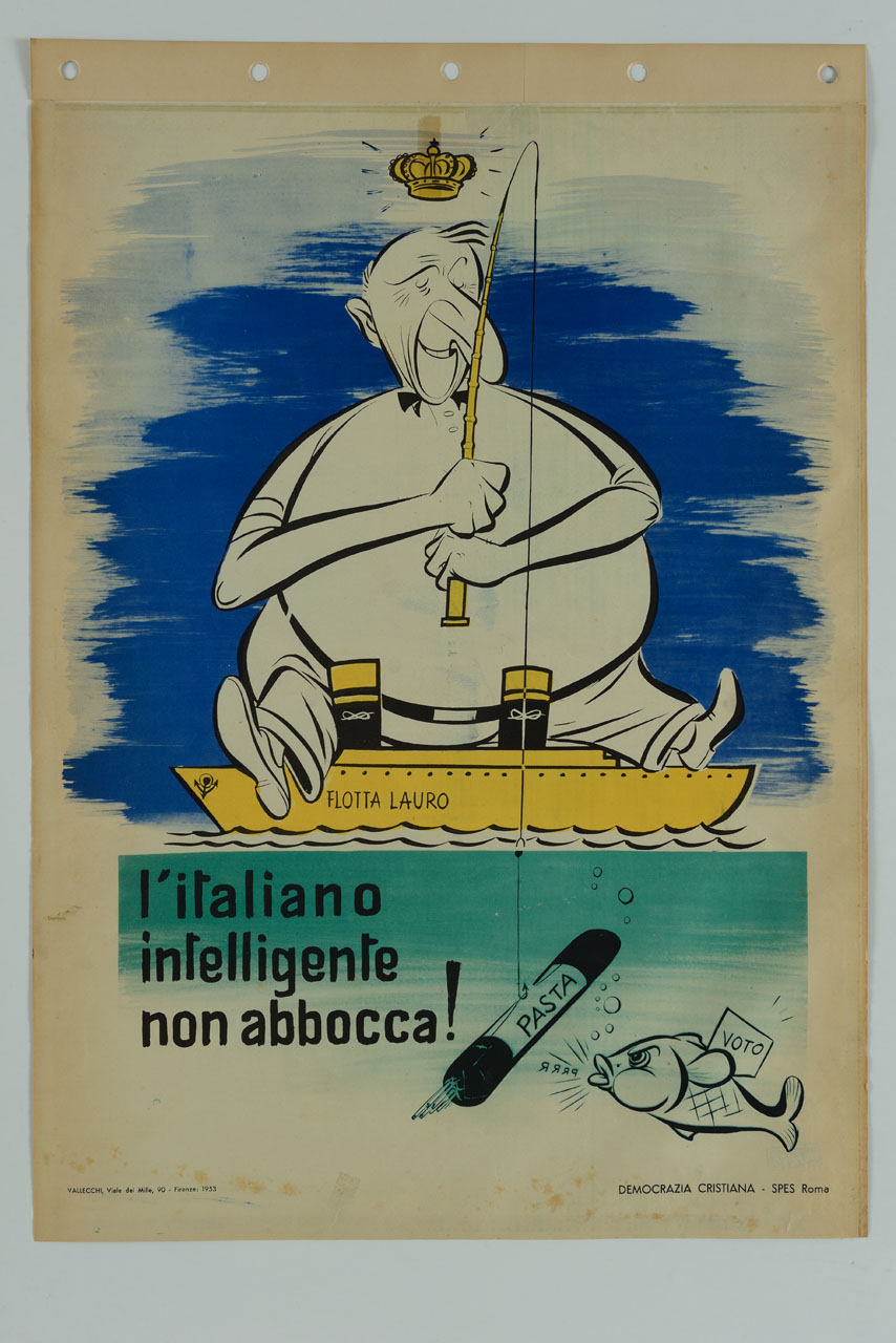 caricatura di Achille Lauro che pesca seduto su una nave (manifesto) - ambito italiano (sec. XX)