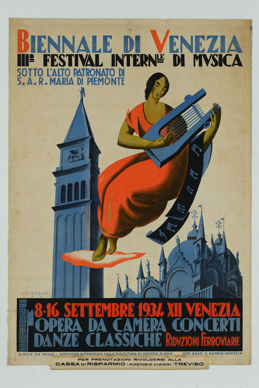 donna che suona la lira e Basilica di San Marco di Venezia (manifesto) di Piombanti Ammannati Giuseppe (sec. XX)