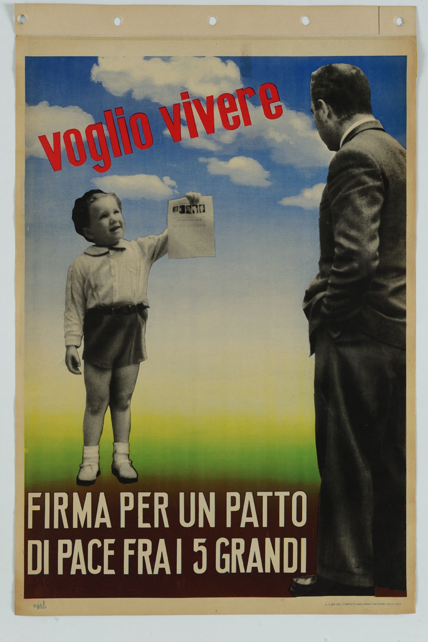bambino che mostra un foglio di carta a un uomo (manifesto) - ambito italiano (sec. XX)