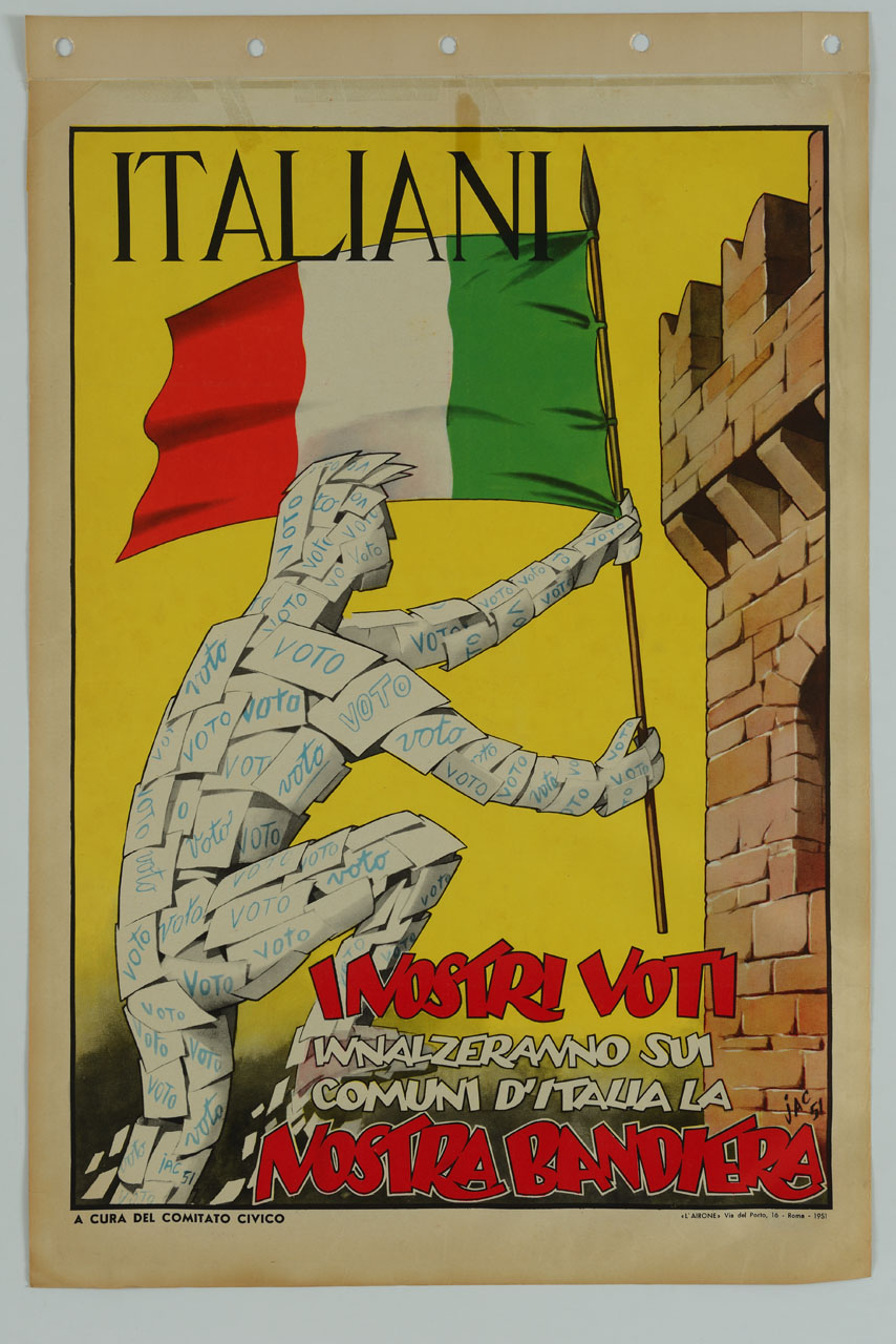 figura fatta di schede elettorali issa il tricolore su una torre merlata (manifesto) di Jacovitti Benito Franco (sec. XX)