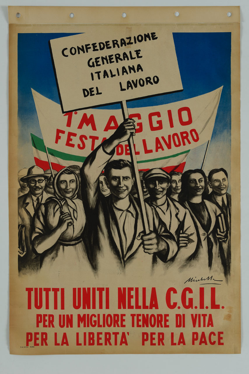 lavoratori e lavoratrici manifestano con cartelli e striscioni (manifesto) di Mirabella - ambito italiano (sec. XX)