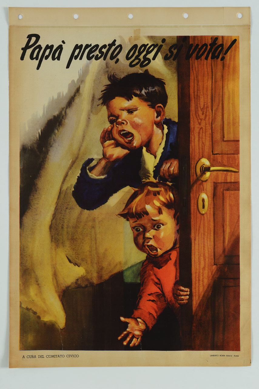 due bambini chiamano affacciandosi da una porta (manifesto) - ambito italiano (sec. XX)