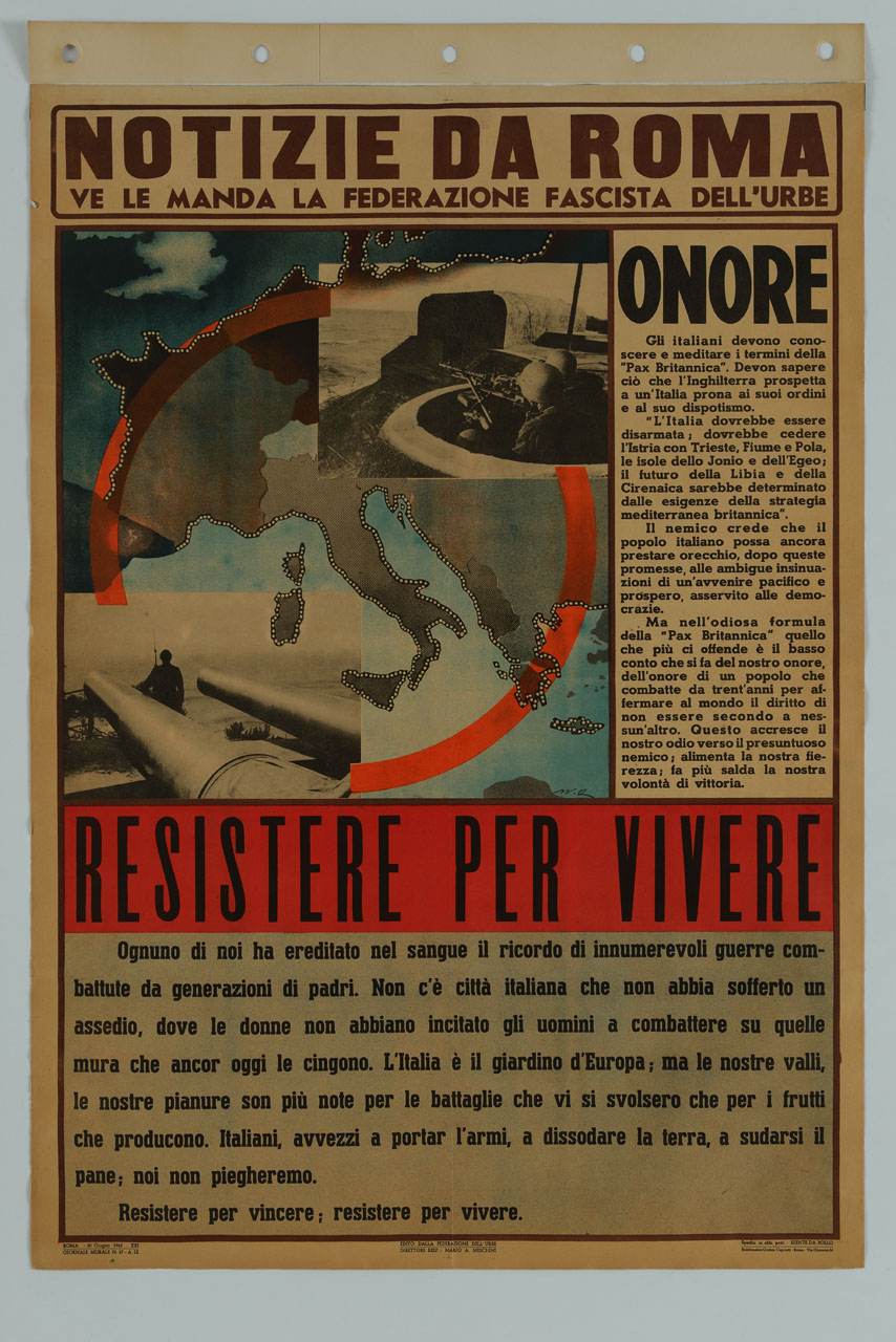 carta geografica dell'Europa con Italia cerchiata in rosso e immagini di guerra (manifesto) di Roveroni Walter (sec. XX)