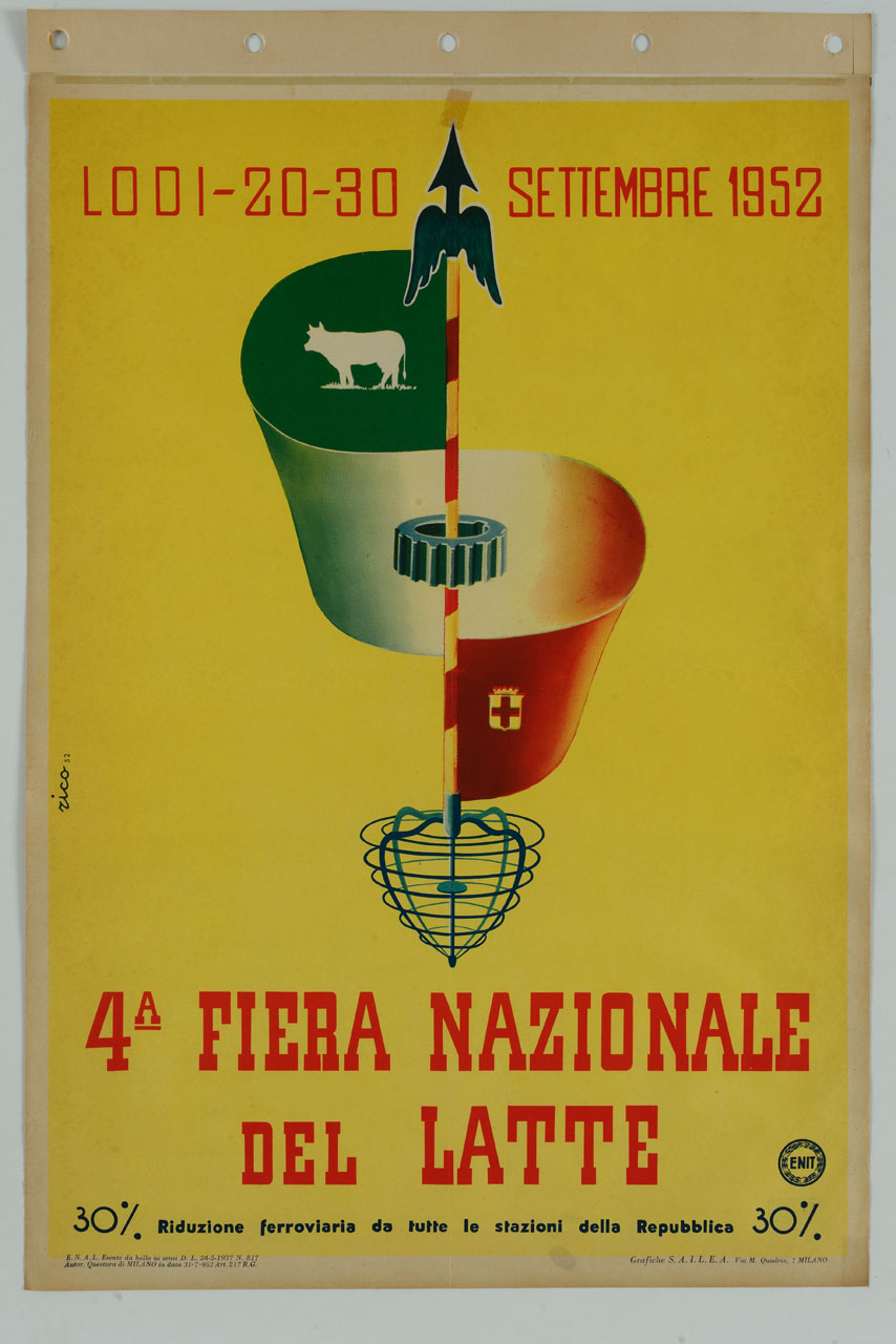 bandiera italiana con sagoma di bovino, spino frangicagliata e ingranaggio (manifesto) di Rico (sec. XX)