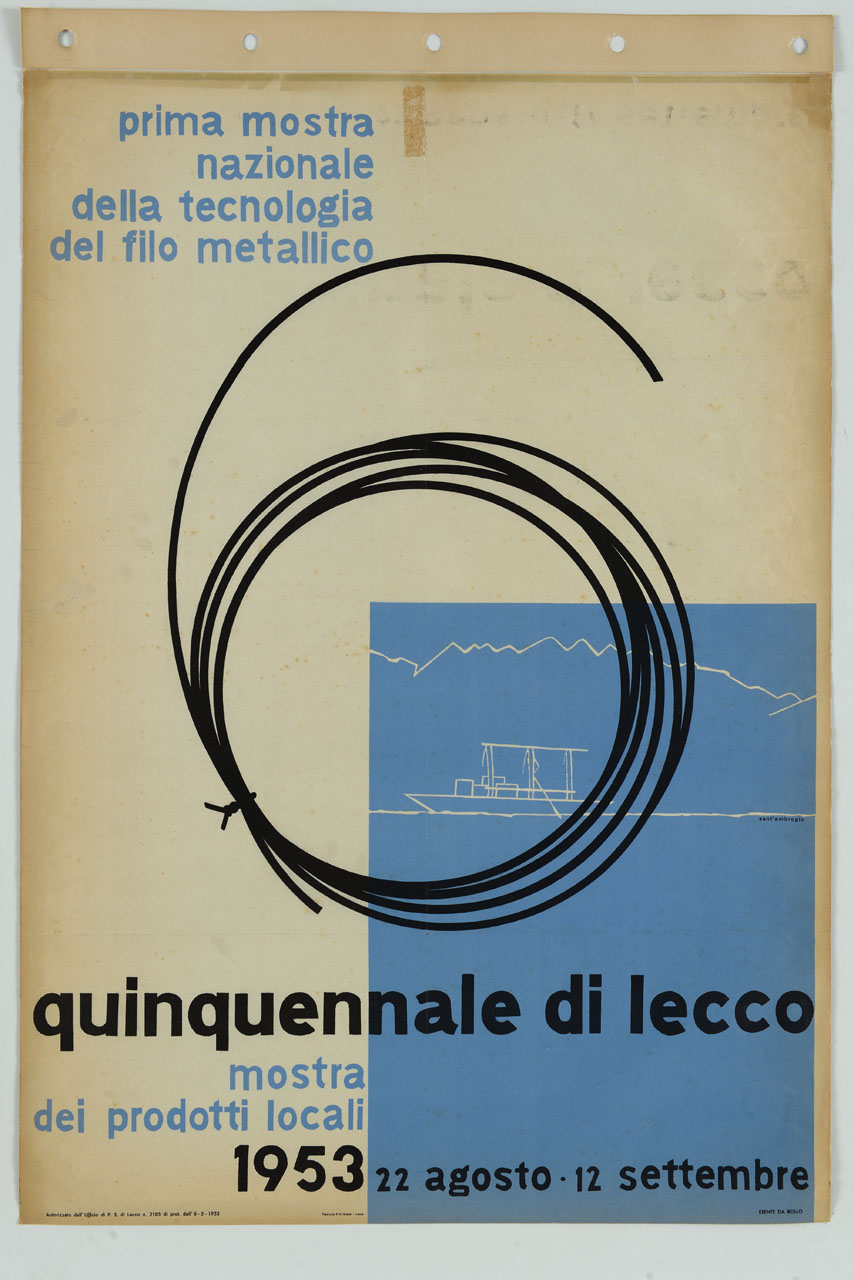 filo metallico avvolto a formare un 6 e veduta del lago di Lecco con imbarcazione (manifesto) di Santambrogio Diego (sec. XX)