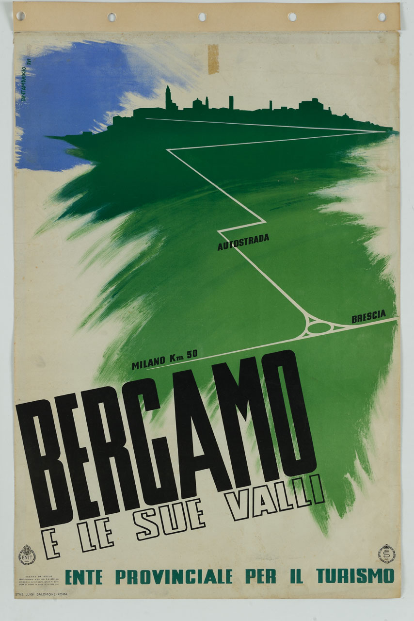 itinerario automobilistico e skyline di Bergamo (manifesto) di Santambrogio Diego (sec. XX)