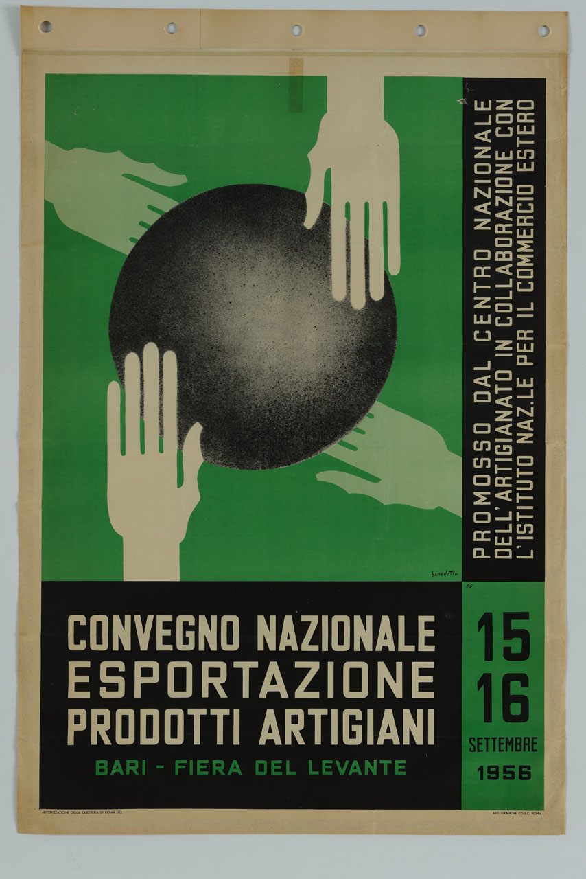 mani toccano una sfera (manifesto) di Benedetto Enzo (sec. XX)