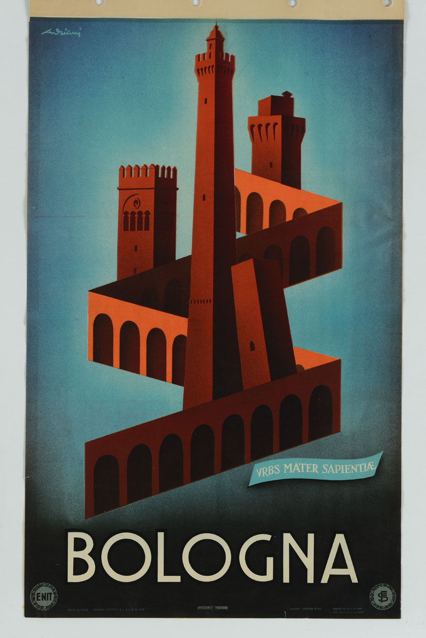 mura e torri di Bologna (manifesto) di Adriani Emidio (sec. XX)
