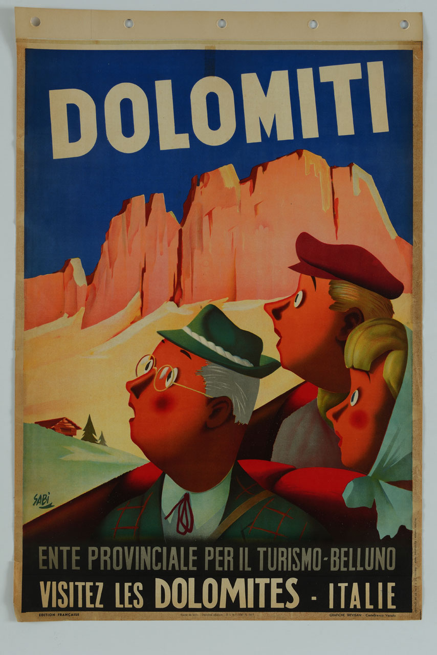 due uomini e una donna sullo sfondo delle Dolomiti si girano meravigliati alla loro destra (manifesto) di Bidasio Degli Imberti Sandro detto Sabi (sec. XX)