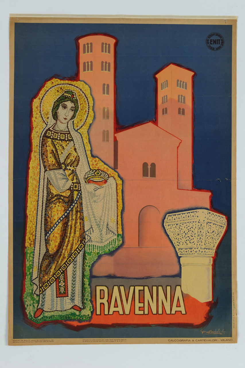 Sant'Eufemia e capitello sullo sfondo della Basilica di Sant'Apollinare Nuovo (manifesto) di Bartoli Giuseppe (sec. XX)