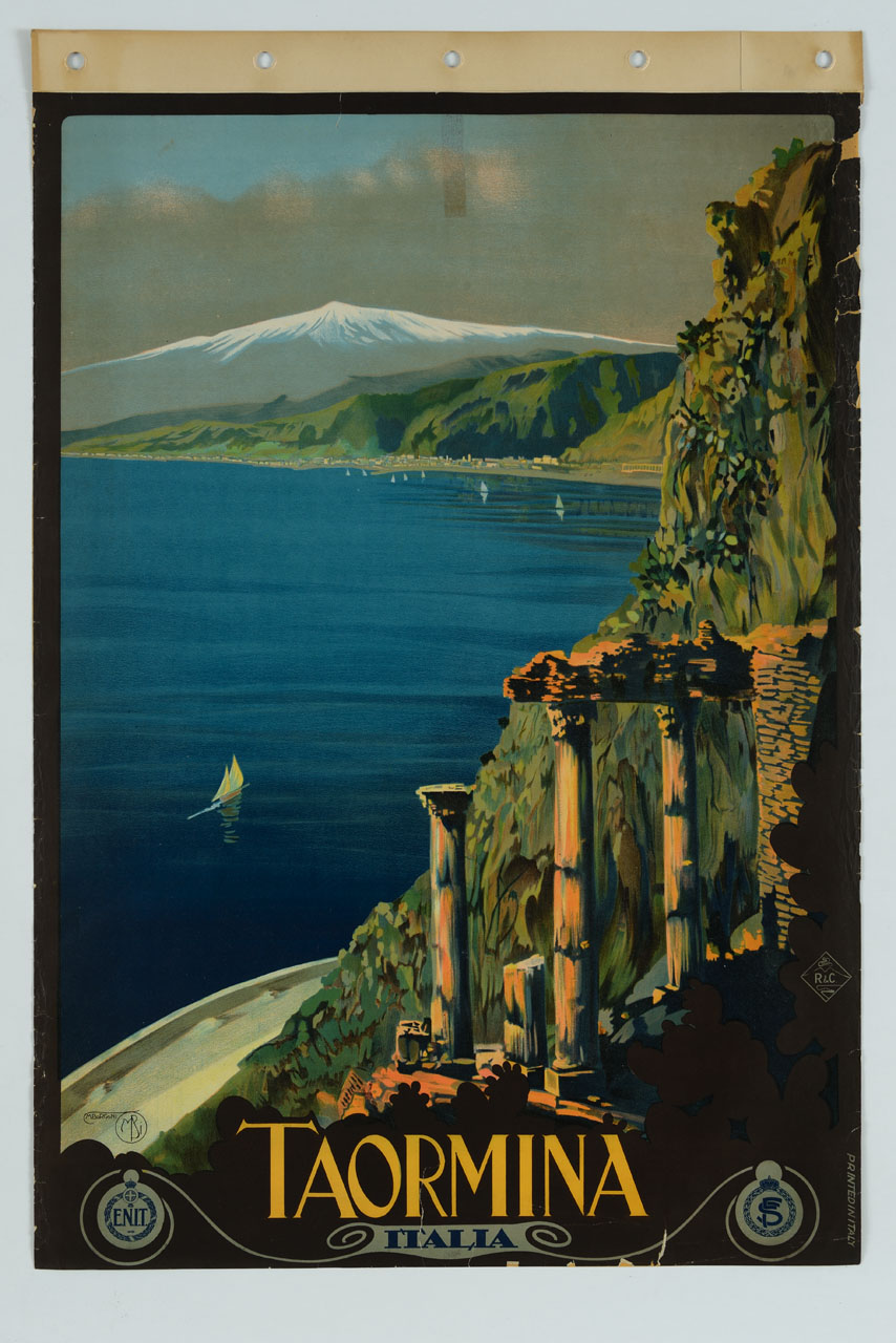 veduta del Mar Ionio con Taormina e l'Etna (manifesto) di Borgoni Mario (sec. XX)