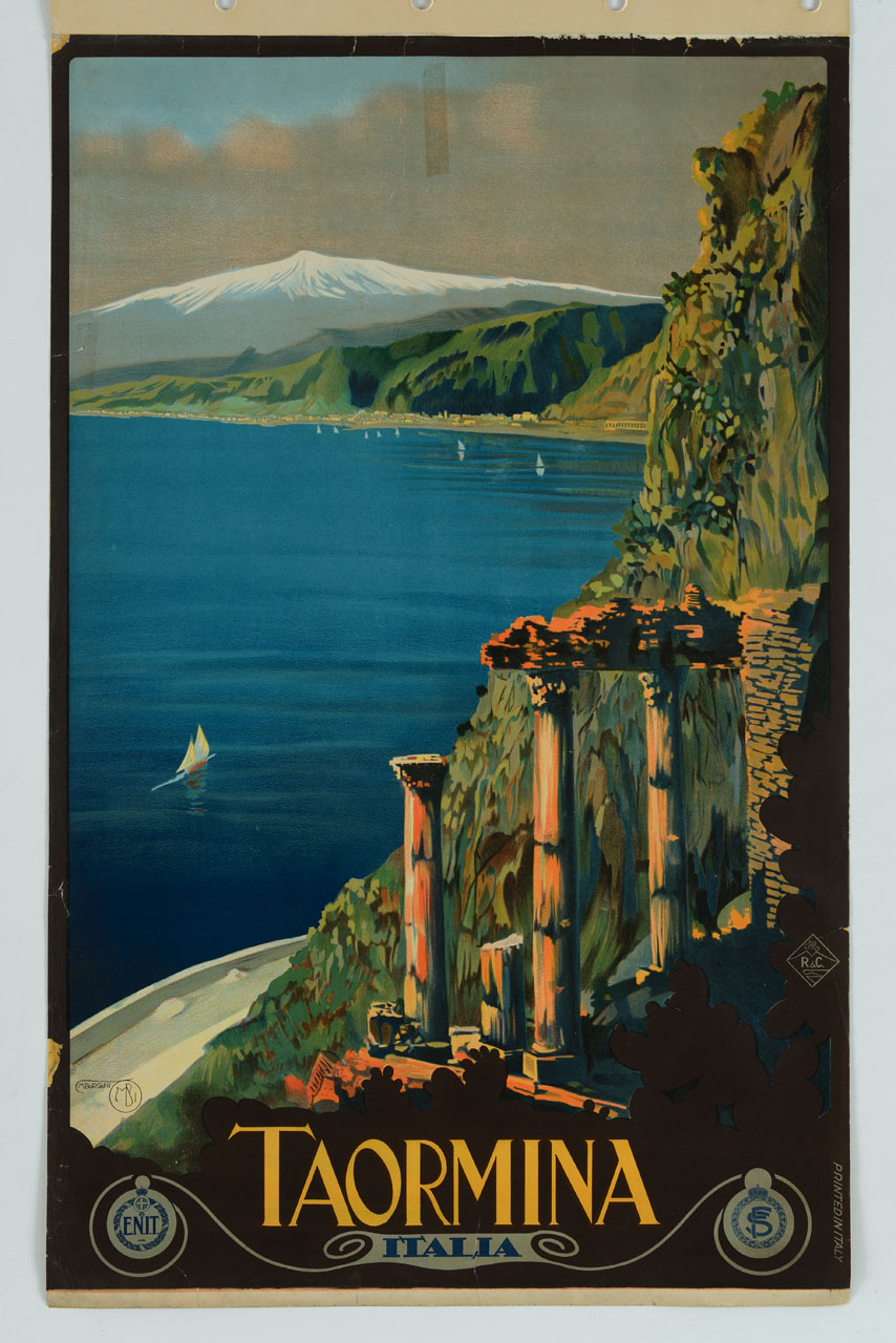 veduta del Mar Ionio con Taormina e l'Etna (manifesto) di Borgoni Mario (sec. XX)