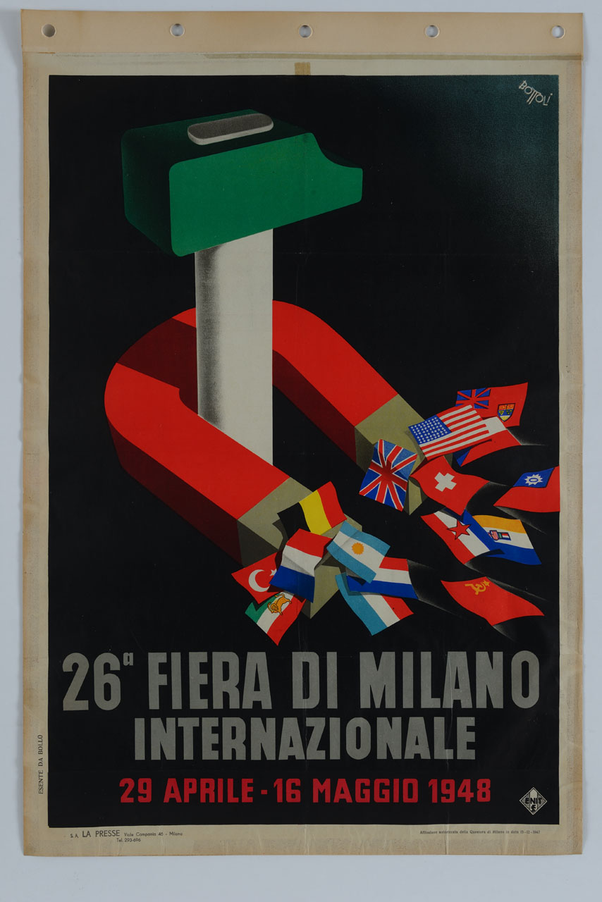 martello e bandiere attratte da magnete (manifesto) di Bottoli Matteo (sec. XX)