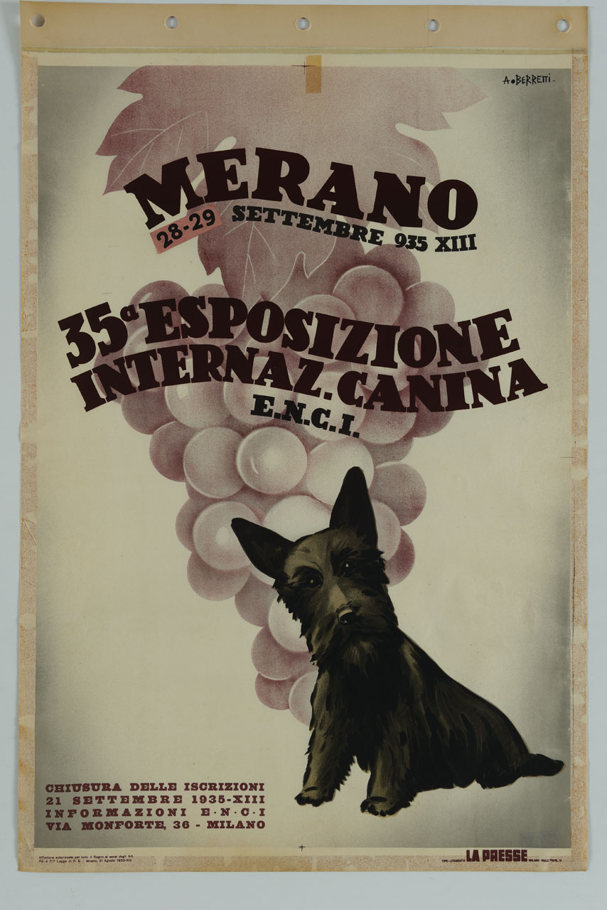 cane sullo sfondo di una grappolo d'uva (manifesto) di Berretti Alessandro (sec. XX)