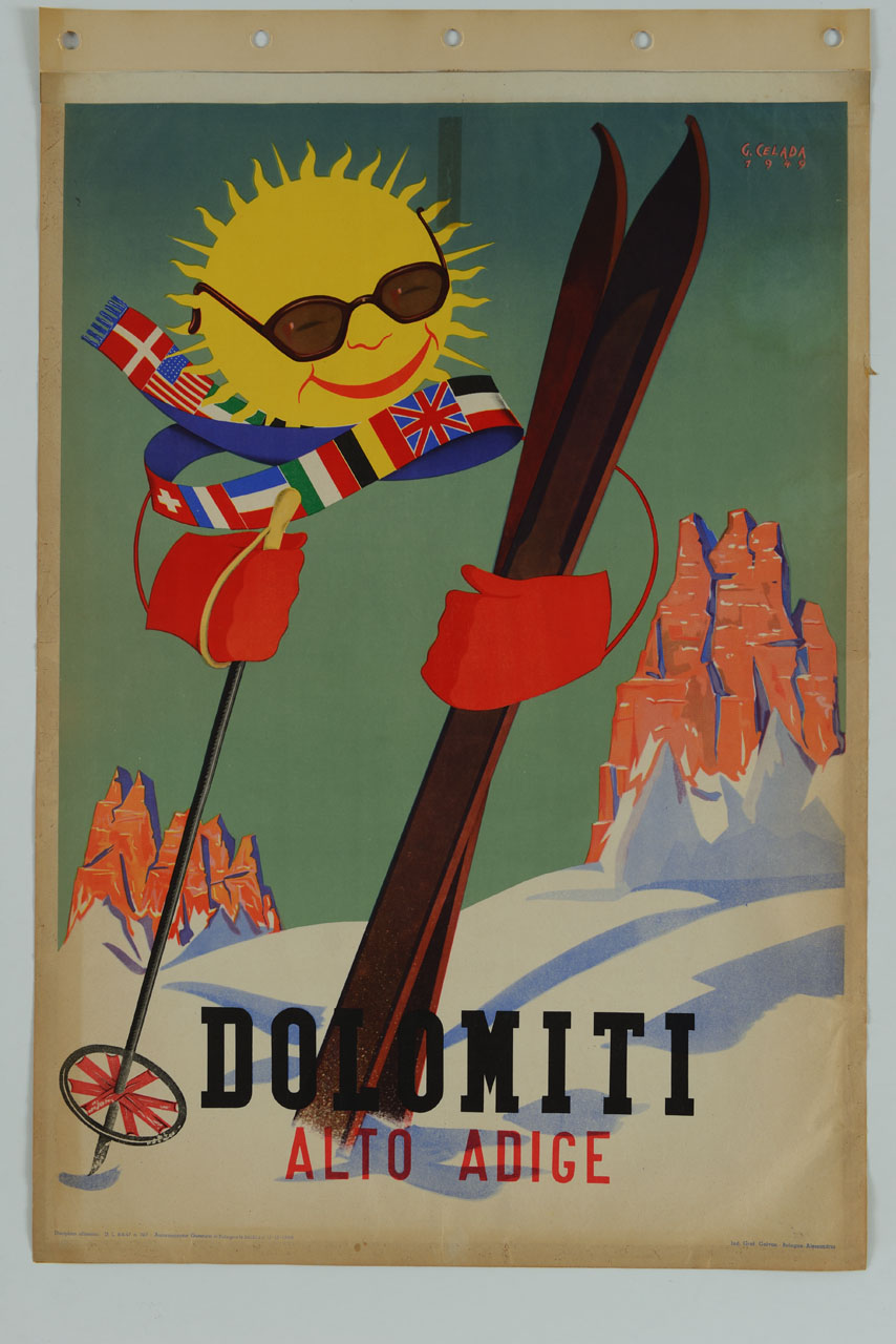 sole con occhiali, sciarpa, guanti e sci sullo sfondo delle Dolomiti (manifesto) di Celada Gastone (sec. XX)