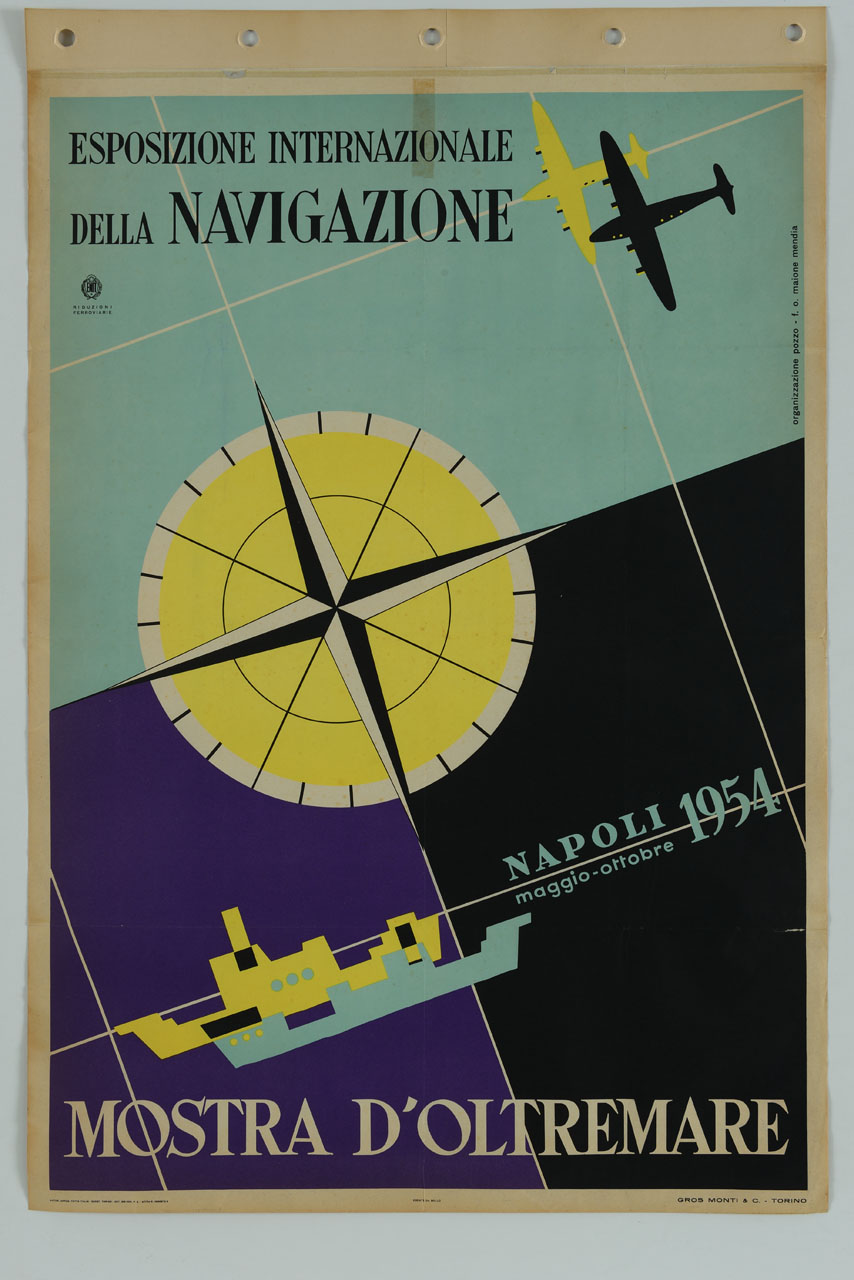 bussola con imbarcazioni e aeroplani sullo sfondo di meridiani (manifesto) di Pozzo, Maione Mendia F. O - ambito italiano (sec. XX)