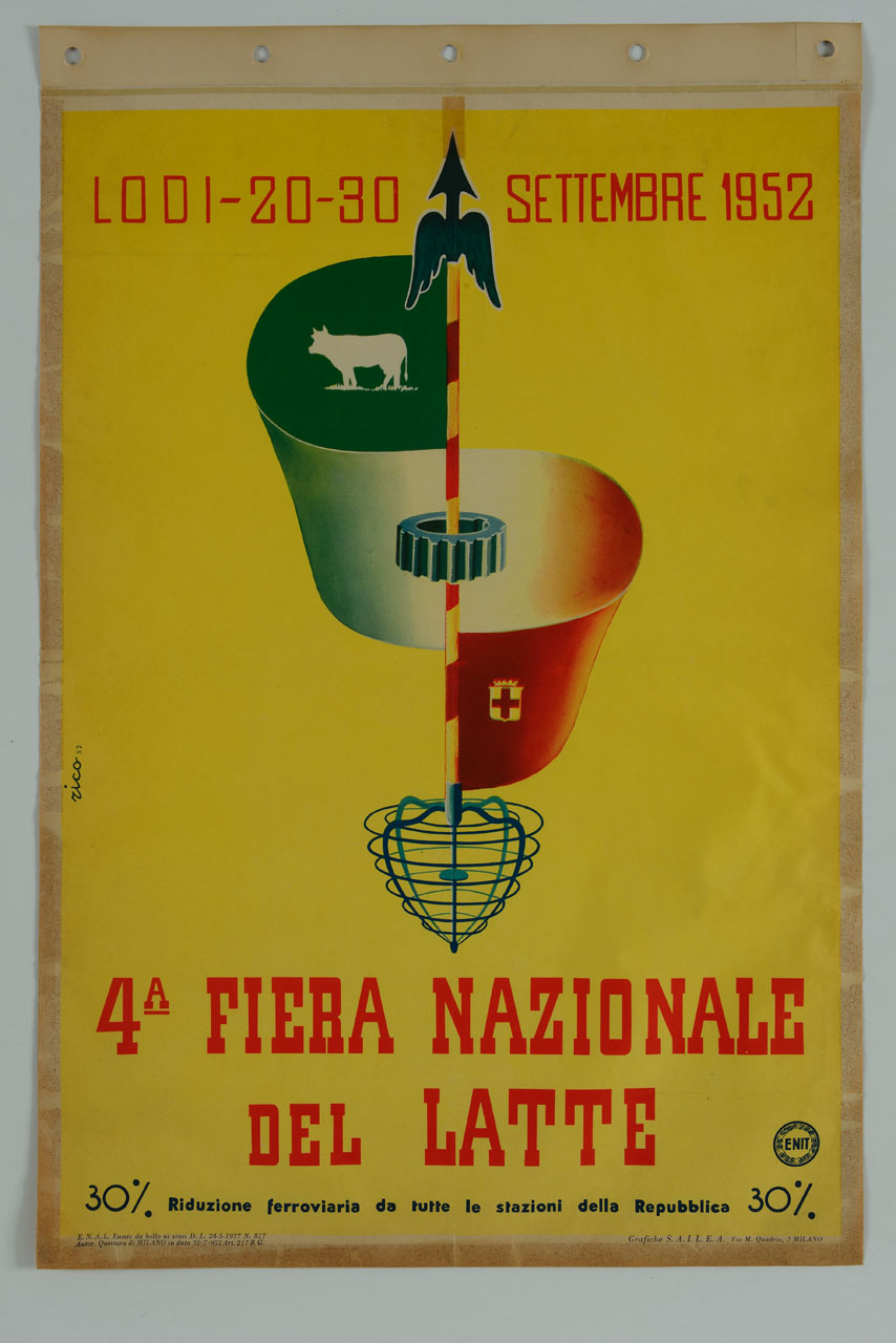 spino frangicagliata con ali e bandiera tricolore (manifesto) di Rico (sec. XX)