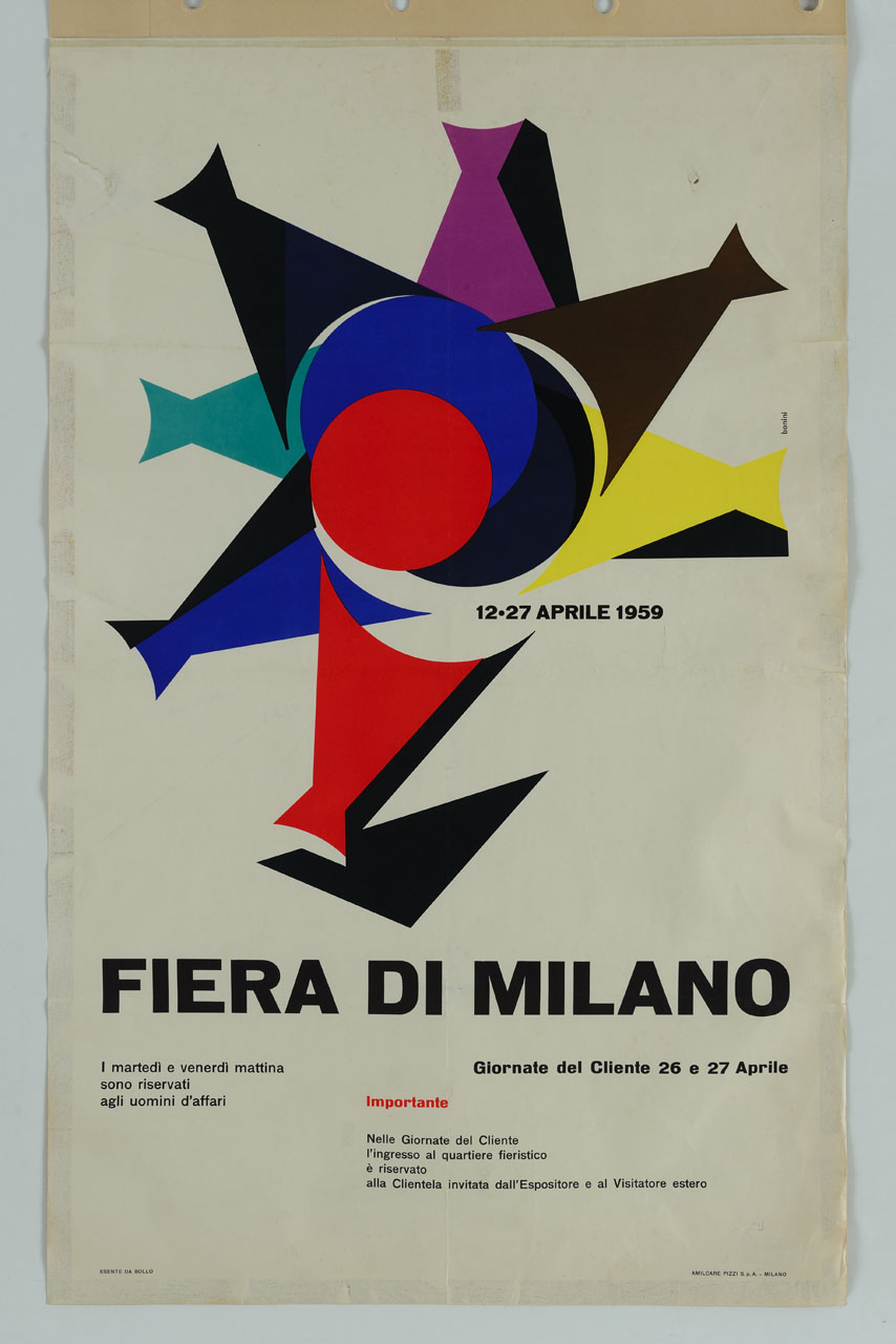 composizione astratta con forme geometriche colorate (manifesto) di Bonini Ezio (sec. XX)