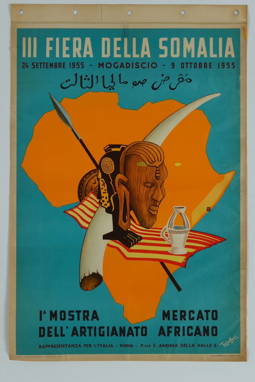 tappeto con oggetti tribali sullo sfondo dell'Africa (manifesto) di Roffeni T - ambito italiano (sec. XX)