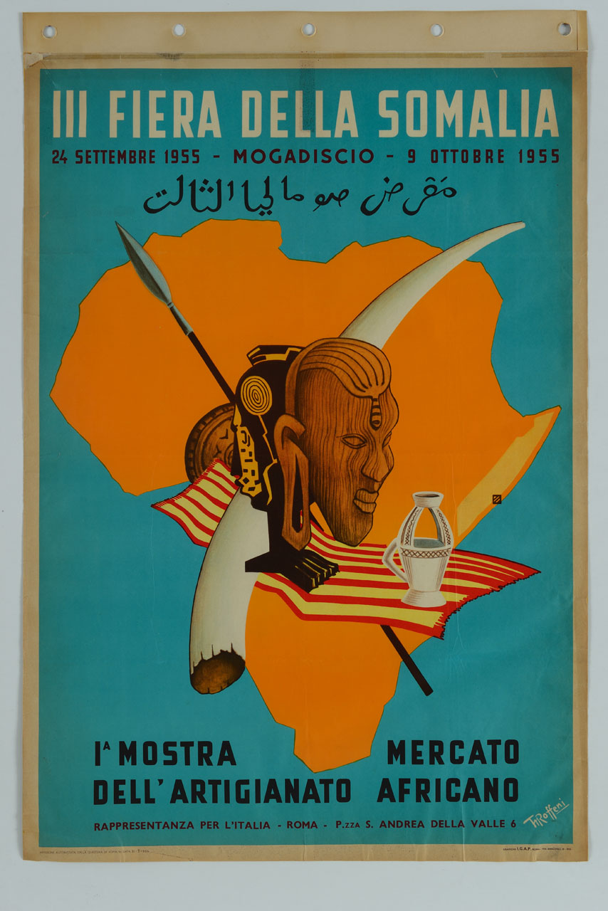 oggetti tribali sullo sfondo dell'Africa (manifesto) di Roffeni T - ambito italiano (sec. XX)