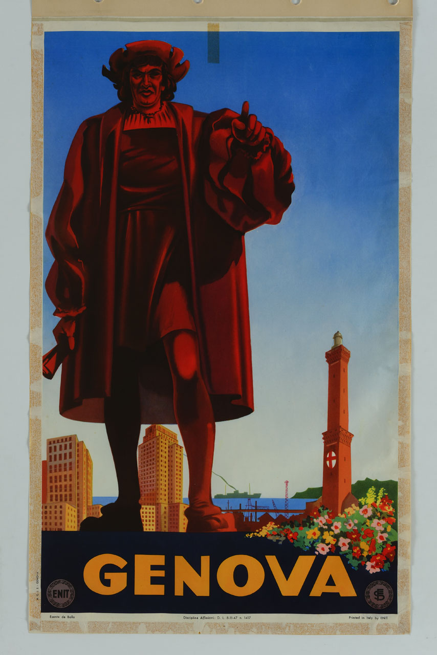 statua di Cristoforo Colombo sullo sfondo della veduta di Genova con il porto e la Lanterna (manifesto) - ambito italiano (sec. XX)