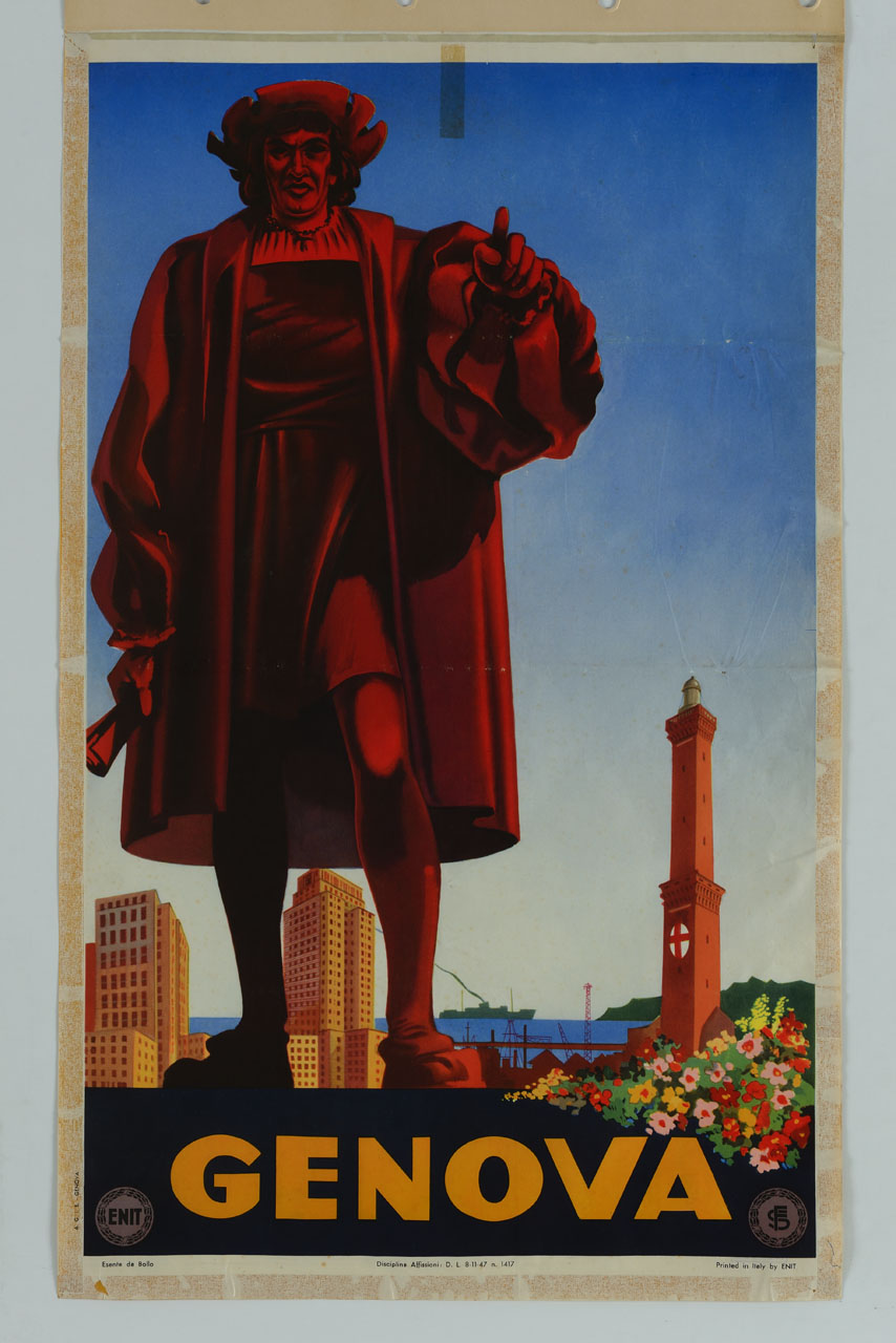 statua di Cristoforo Colombo sullo sfondo della veduta di Genova con il porto e la Lanterna (manifesto) - ambito italiano (sec. XX)