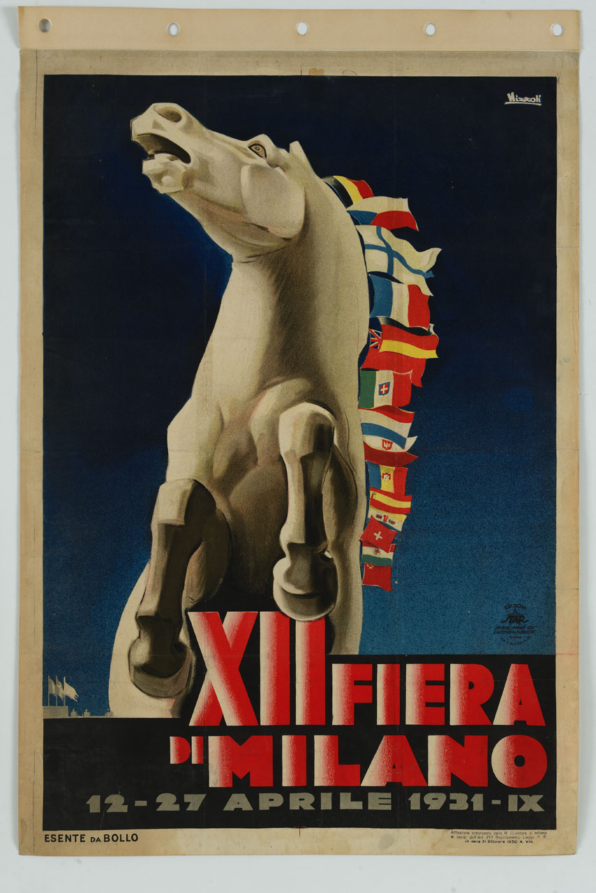 statua equestre con criniera di bandiere internazionali (manifesto) di Nizzoli Marcello (sec. XX)