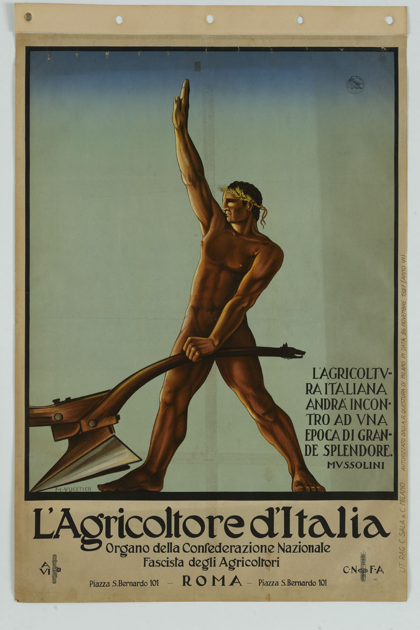 figura maschile con aratro alza il braccio nel saluto fascista (manifesto) di Vucetich Mario Mirko (sec. XX)