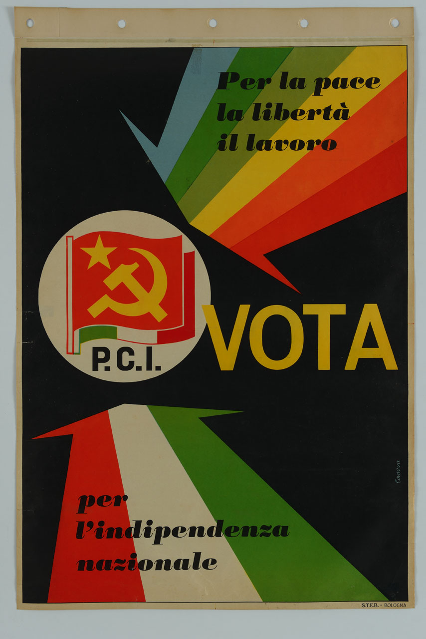 freccia multicolore e freccia tricolore indicano il simbolo del partito comunista italiano (manifesto) di Canova Bruno (sec. XX)