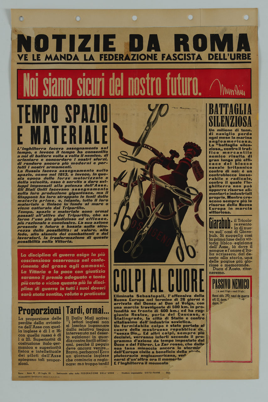 giornale murale con bombola di ossigeno e forbici (manifesto) di Roveroni Walter - ambito italiano (sec. XX)