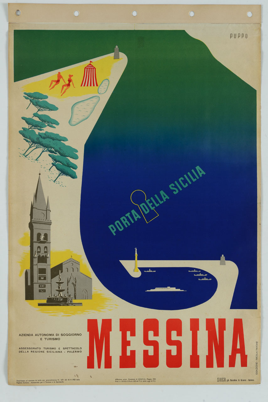 stretto di Messina e Basilica di Santa Maria Assunta di Messina (manifesto) di Puppo Mario (sec. XX)