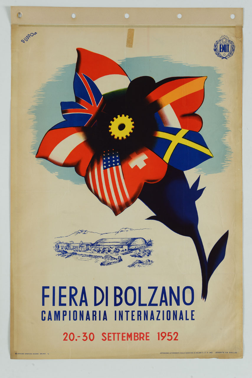 genziana con petali composti da bandiere internazionali e padiglioni fieristici (manifesto) di Puppo Mario (sec. XX)