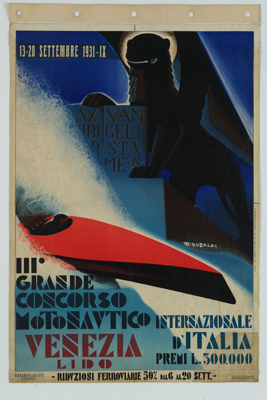 Leone di San Marco e motoscafo da corsa (manifesto) di Riccobaldi Del Bava Giuseppe (sec. XX)
