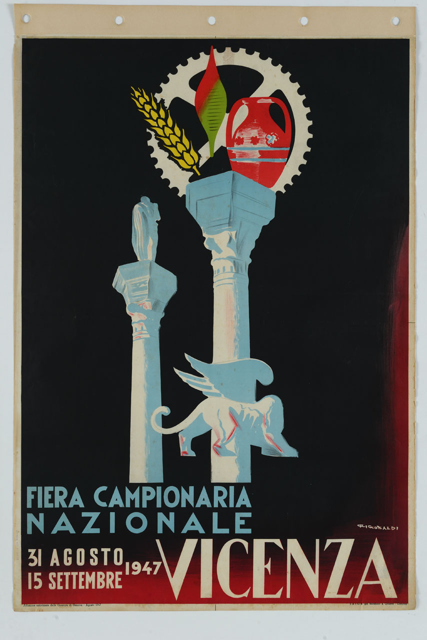 colonne di Piazza dei Signori a Vicenza con simboli delle attività produttive (manifesto) di Riccobaldi Del Bava Giuseppe (sec. XX)