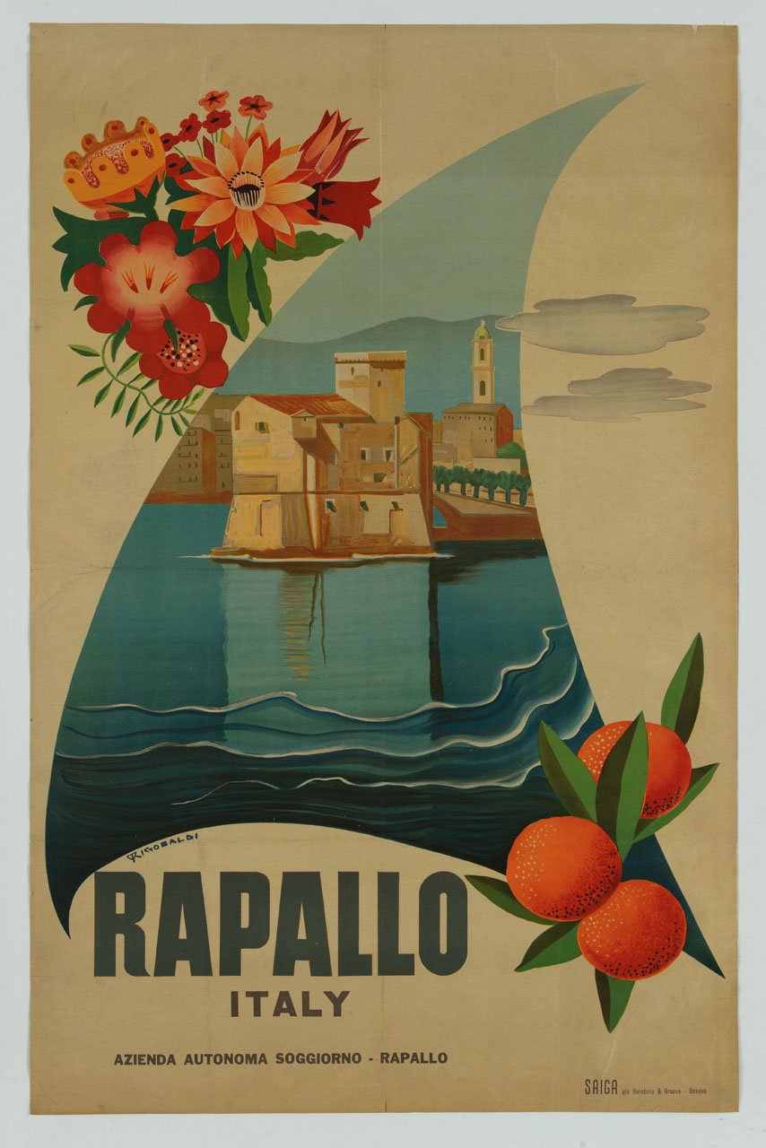 vela con veduta di Rapallo affiancata da fiori e arance (manifesto) di Riccobaldi Del Bava Giuseppe (metà sec. XX)