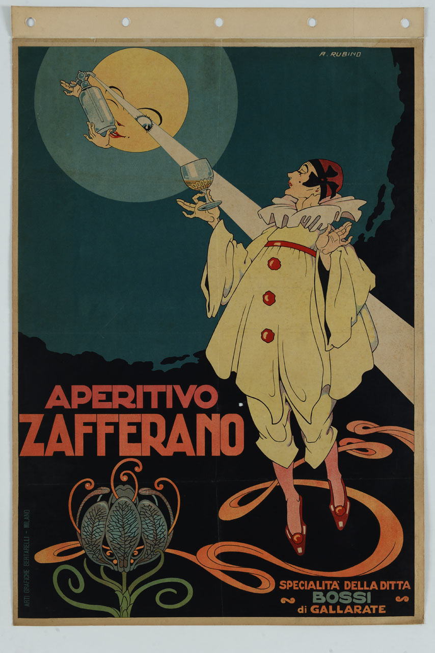Pierrot con bicchiere e luna con sifone da seltz (manifesto) di Rubino Antonio (sec. XX)