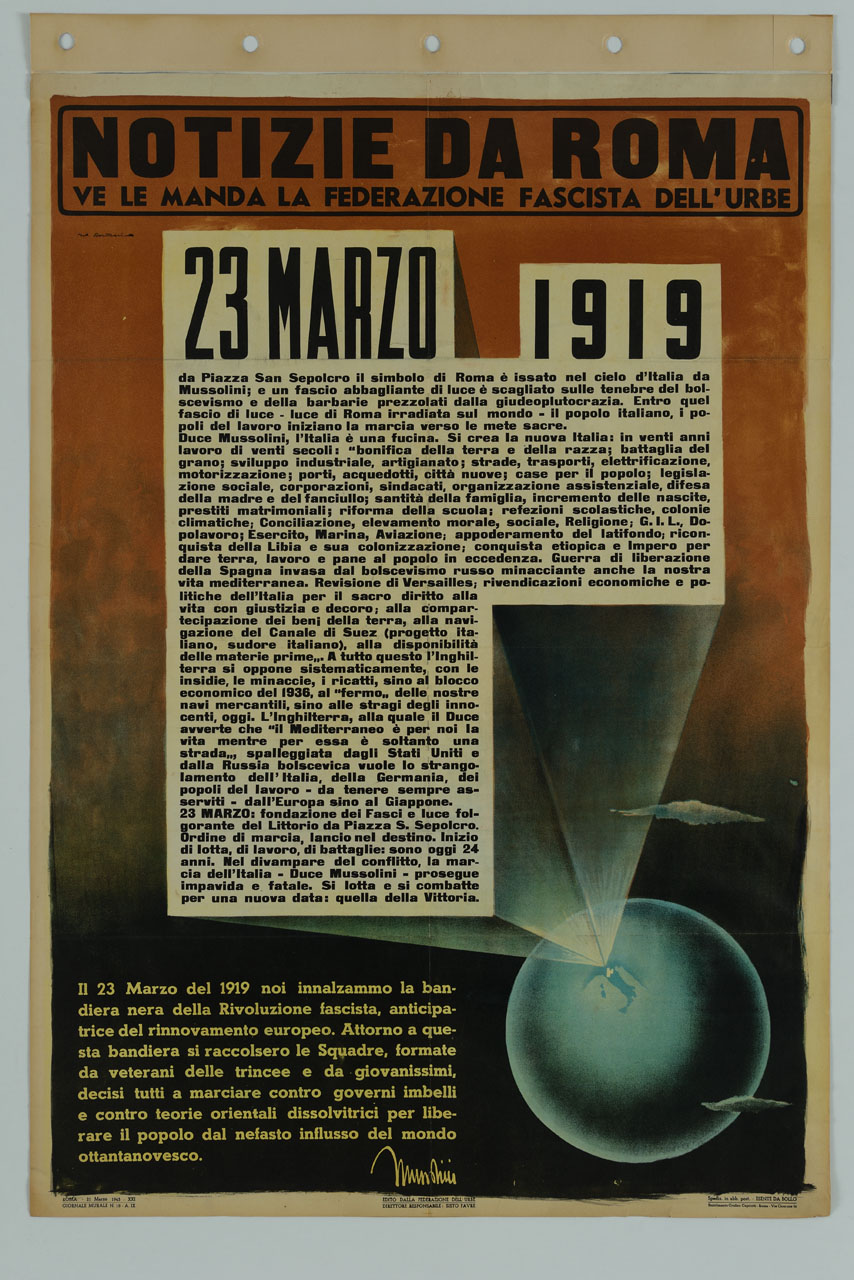 giornale murale con globo terrestre da cui si proietta un fascio littorio (manifesto) di Roveroni Walter - ambito italiano (sec. XX)