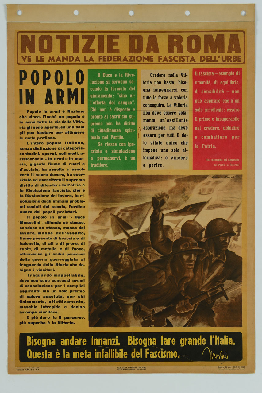 giornale murale con soldati, donne, bambini e contadini (manifesto) di Roveroni Walter - ambito italiano (sec. XX)