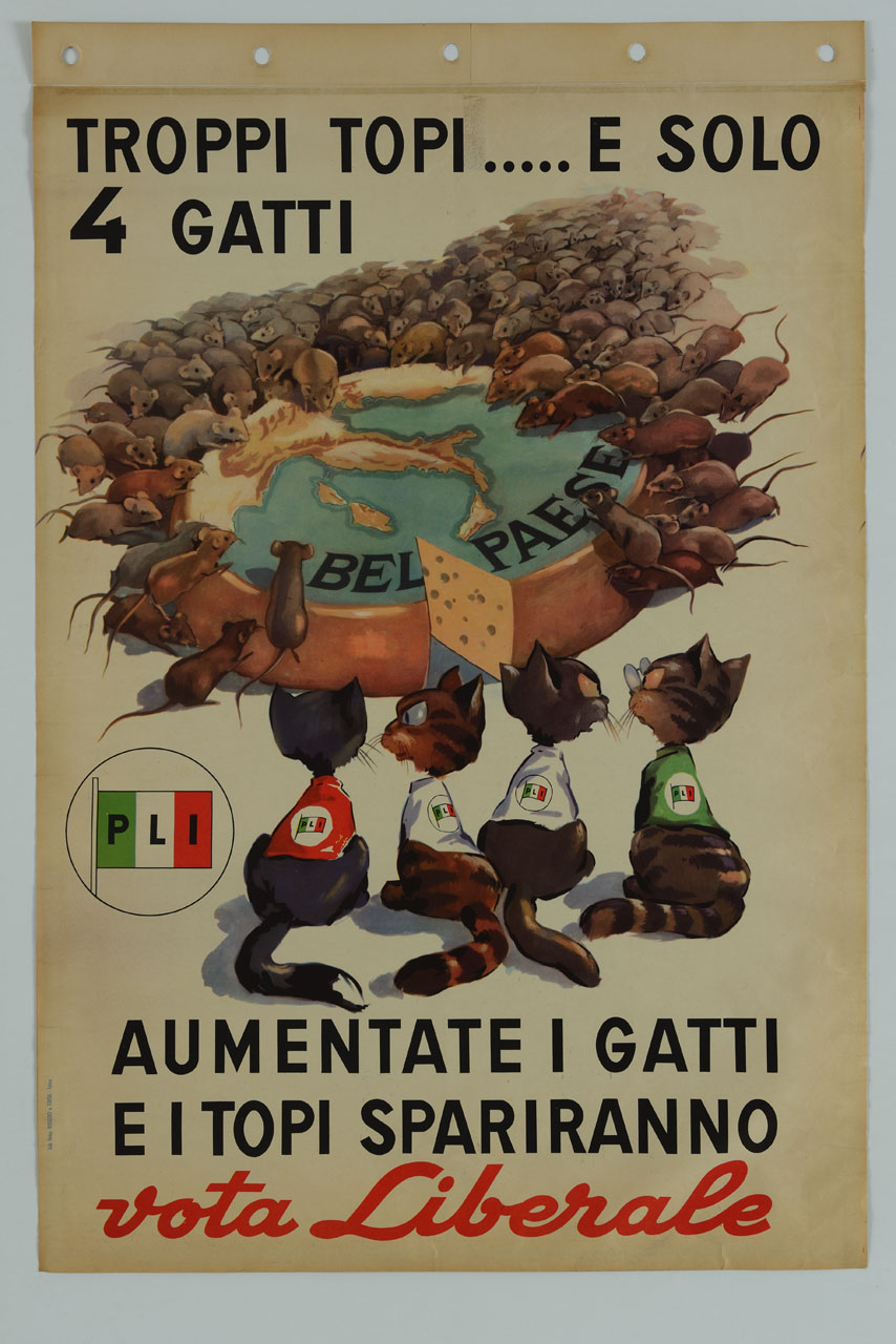 quattro gatti osservano una forma di formaggio Bel Paese mangiata dai topi (manifesto) - ambito italiano (sec. XX)